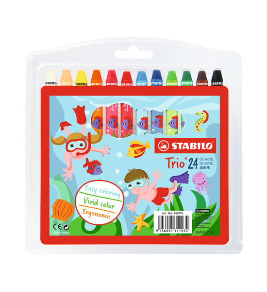 Óleos Pastel, Trio, Cuerpo Triangular, en Estuche Plástico x 24 Unds. 24 Colores Surtidos